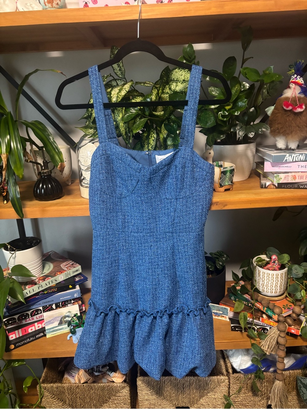 B.right Blue Tweed Mini Dress with Ruffle Hem NWT Small